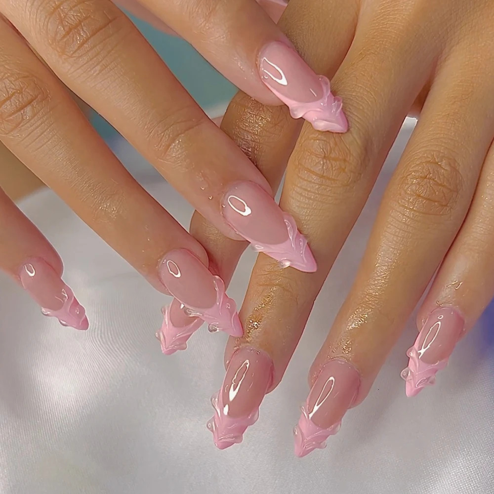 Luxury 24Pcs Short And Medium False Nails Almond Simple Water Ripples Bright Surface False Nails Acrylic Pressure Nail Reusable H260130