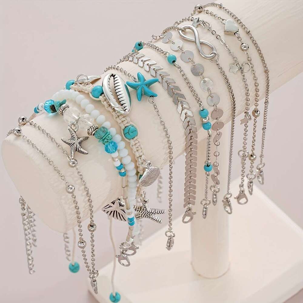 LALAVARA 12pcs Bohemian Starfish Shell Star Love 8-character Rice Bead Ankle Chain Set for Women's Daily Matching, Dating, Vacation, Party, Anniv