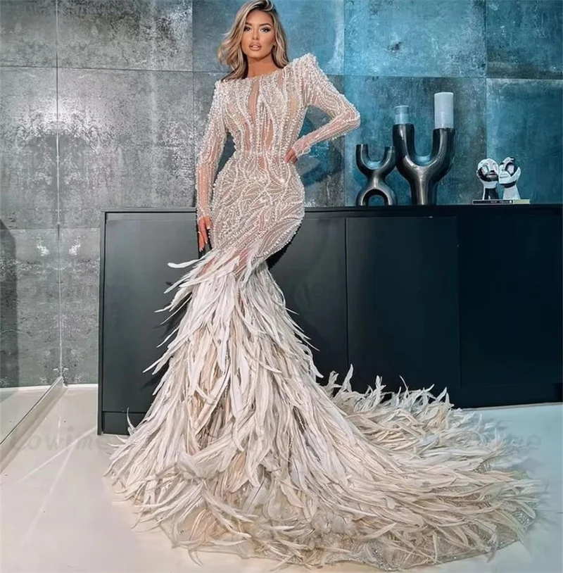 Gorgeous Evening Dresses For Women O Neck Long Sleeves Gown Feather Beaded Sequins Crystal Sweep Train Customized Dress Party