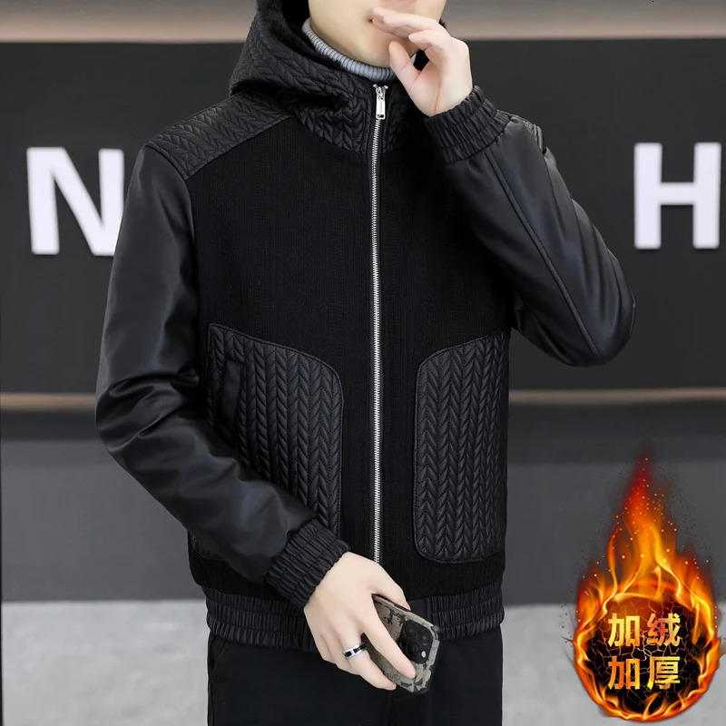 Winter Hooded Knitted Leather Jacket Men Thick Velvet Trendy Casual Leather Jacket Streetwear Social Coats Men Clothing 241216