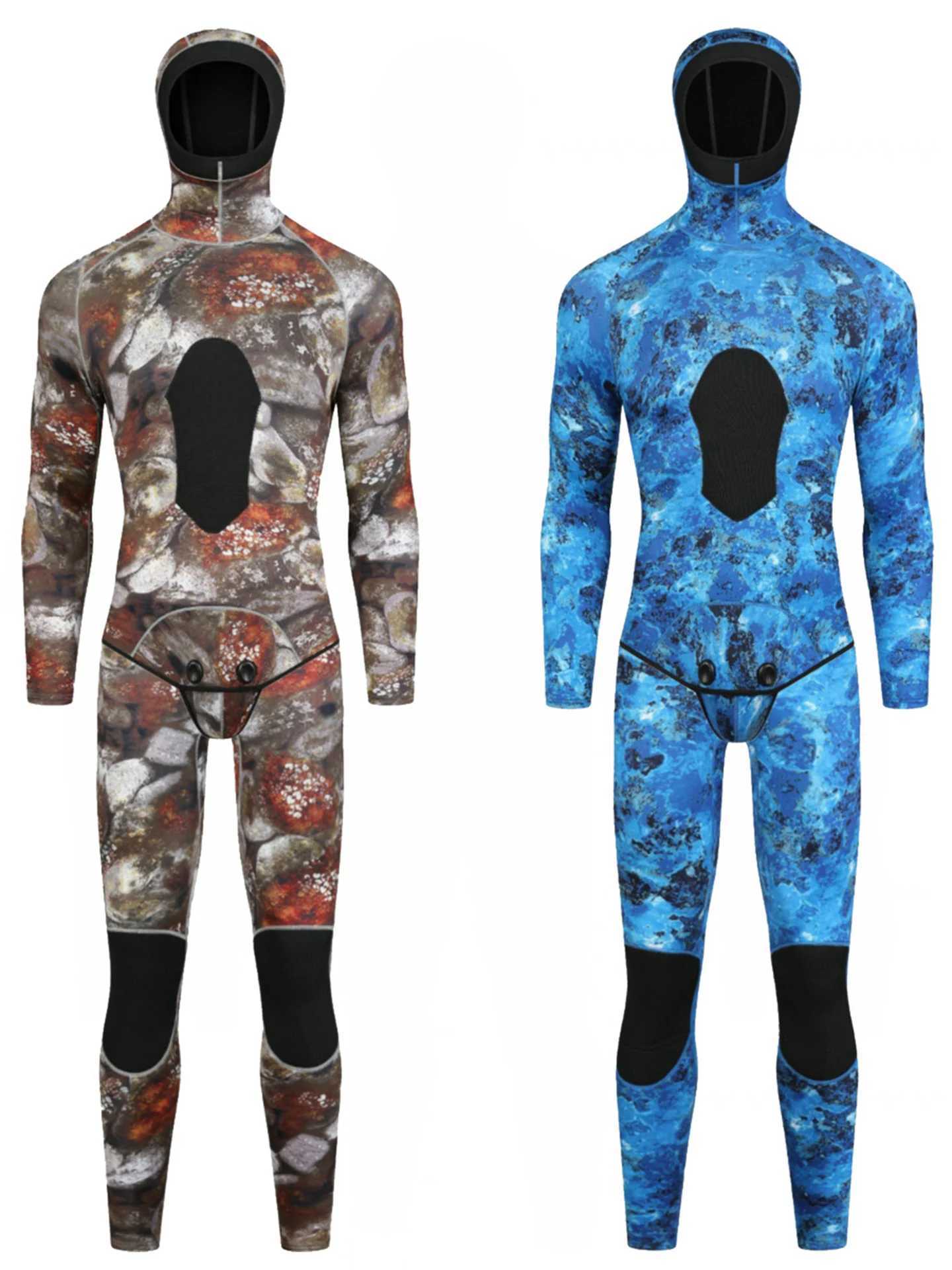 3mm Neoprene Camouflage Wetsuit Scuba Spearfishing Men Hooded Diving Suit 2 Pieces Set Winter Deepwater Thermal SwimsuitXJ241220