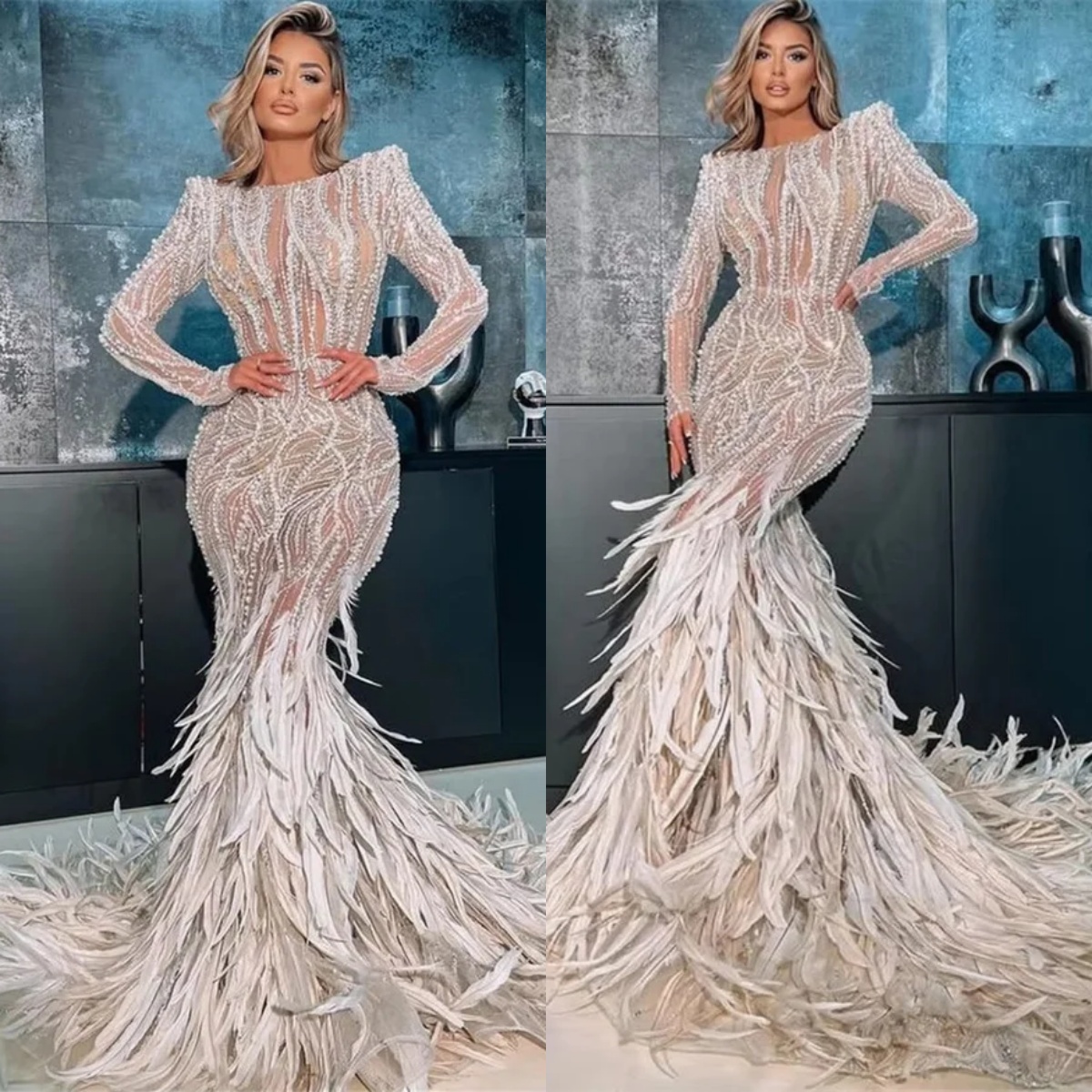 Gorgeous Evening Dresses For Women O Neck Long Sleeves Gown Feather Beaded Sequins Crystal Sweep Train Customized Dress Party