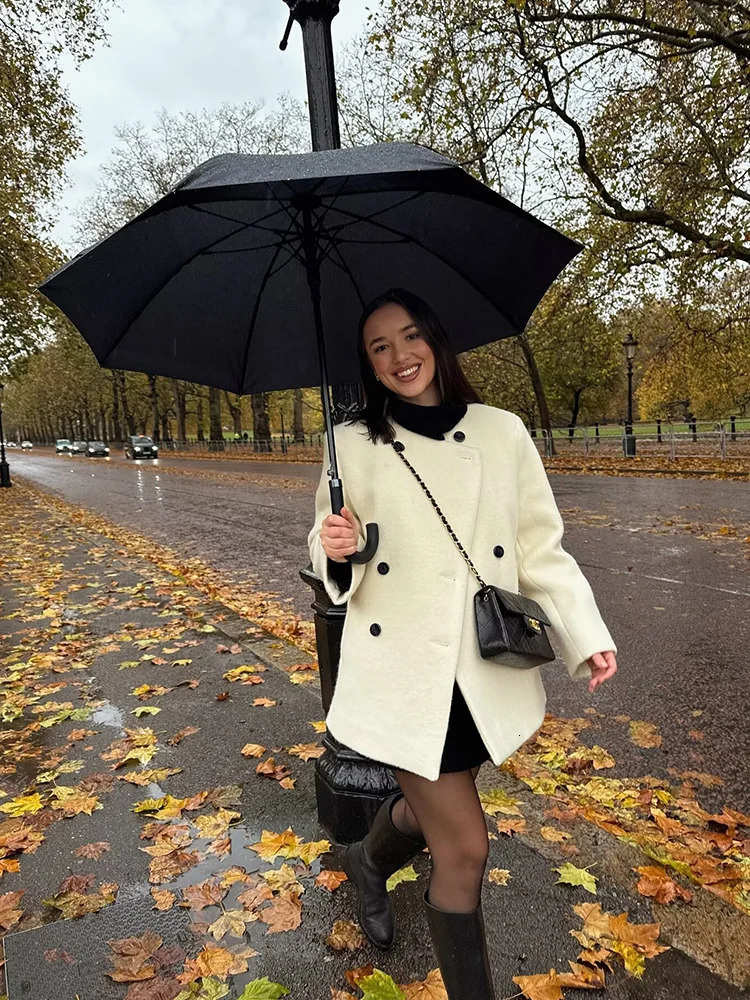 TRAF autumn and winter womens irregular double-breasted tweed jacket Elegant long-sleeved round neck jacket tops 241220