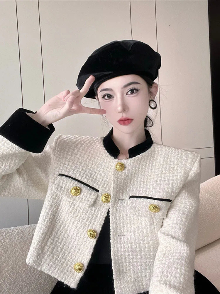 Zoki Christmas Red Sweet Tweed Jackets Women Elegant Long Sleeve Slim Short Coat Korean Casual Vintage All Match Outwear Tops 241220