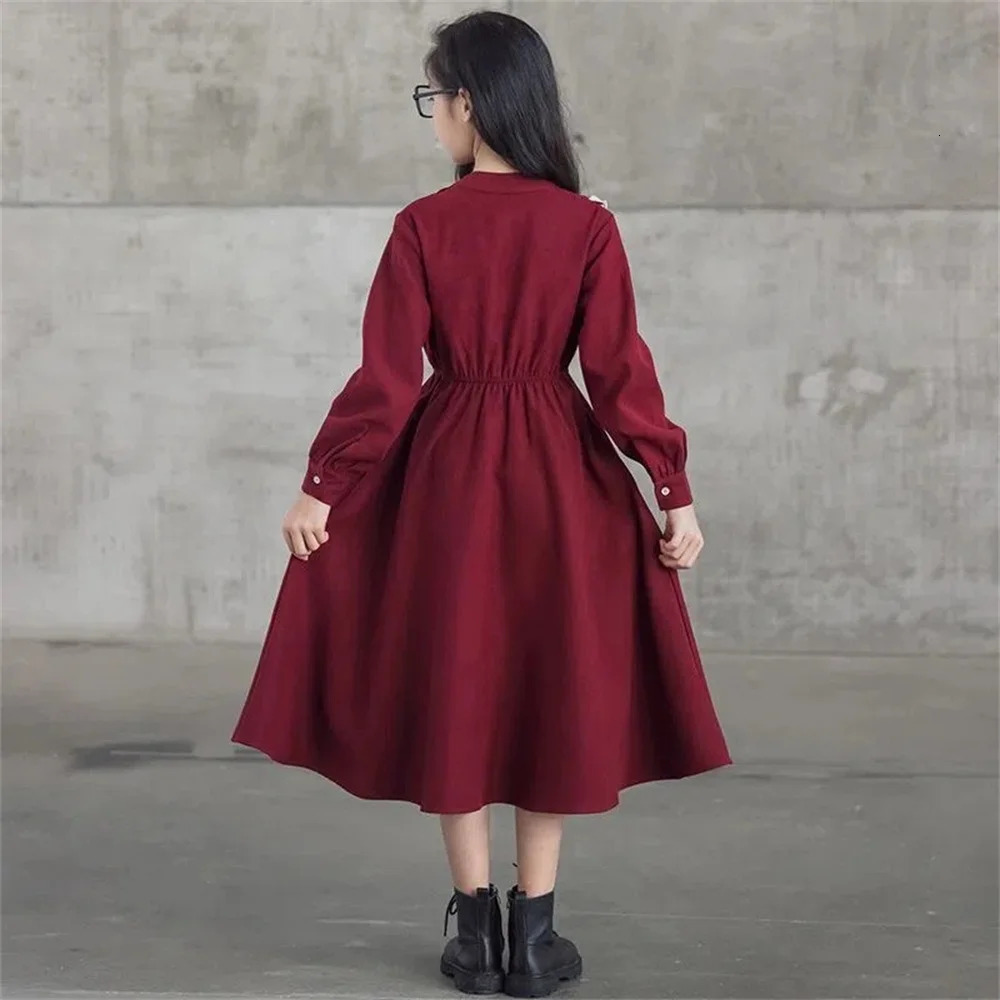 autumn winter College style Kids Baby girl clothes red long sleeve Dresses teenager preppy lace Sweet dresses 6-14Y 241219