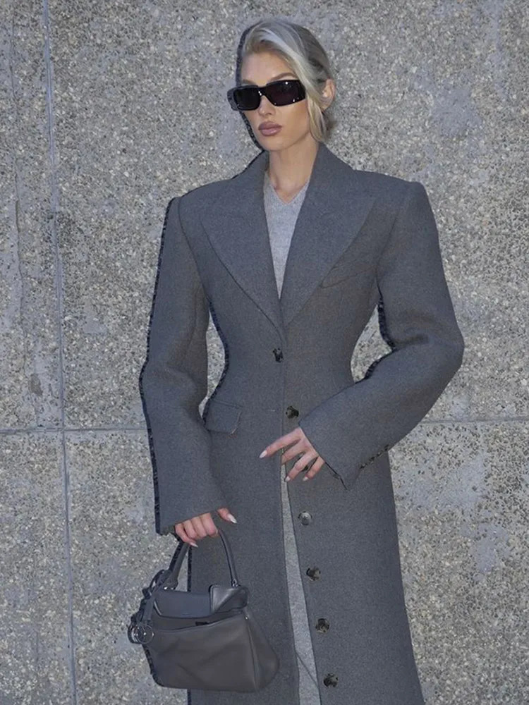 Chic Grey Single Breasted Full Sleeve Wool Jackets Womens Casual Slim Fit Lapel Pockets Coat Female High Street Outerwears 241216
