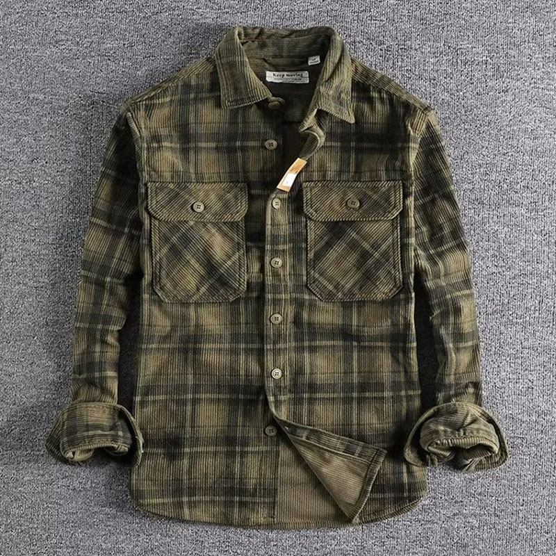 Cross-border American clicker retro spring and fall men's classic plaid long-sleeved shirt washed corduroy comfortable literary tide m045