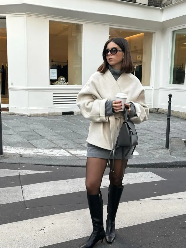 Collarless Belt Jacket Coat Lace-up Minimalism Beige Gentle Short Woolen Overcoat Waist Cinching Women Autumn Winter Overcoat 241220