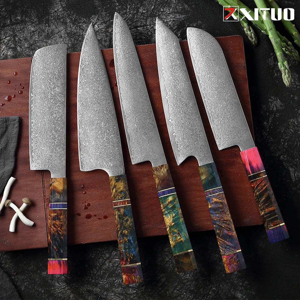 XITUO Damascus Kitchen Knife Set Chef Nakiri Knife 67 Layers Japanese Damascus Steel Chef Knife Sharp Blade Colorful Wood 241220