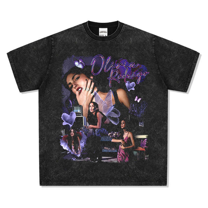 Hip hop Olivia Rodrigo printed short sleeved T-shirt, loose washed round neck hooded sweatshirt