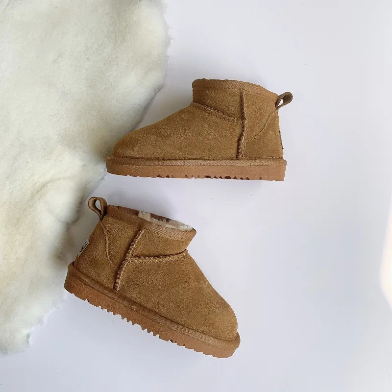 Suede Leather Kids Snow Boots Parent-child Woman Ankle Boots Winter Warm Lamb WoolGirls Shoes Genuine Leather Childrens Shoes 241219