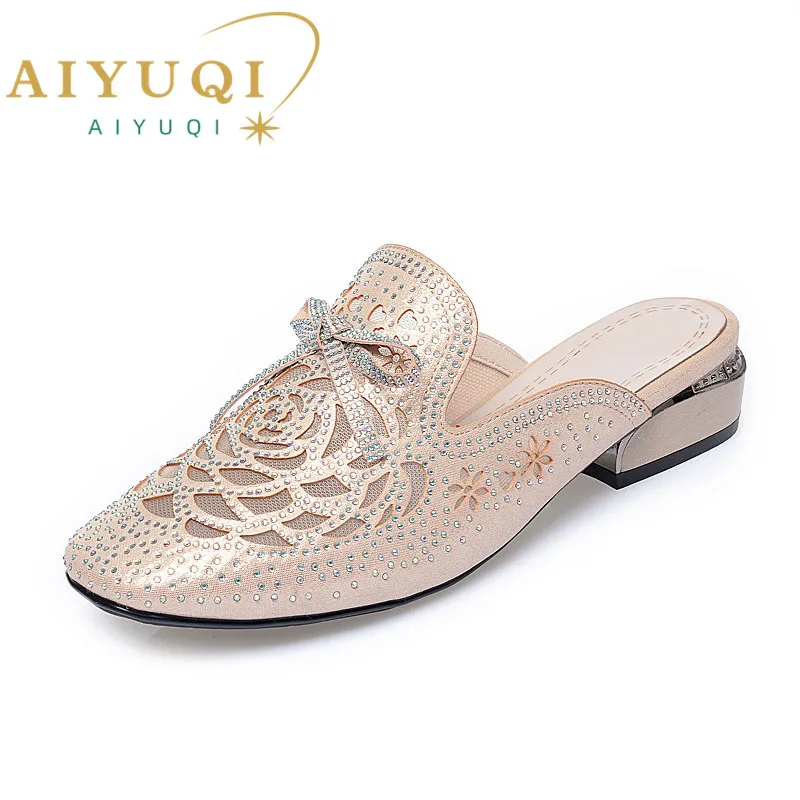 AIYUQI Women Slippers Summer Women Shoes Rhinestone Golden Hollow Large Size Slippers Women