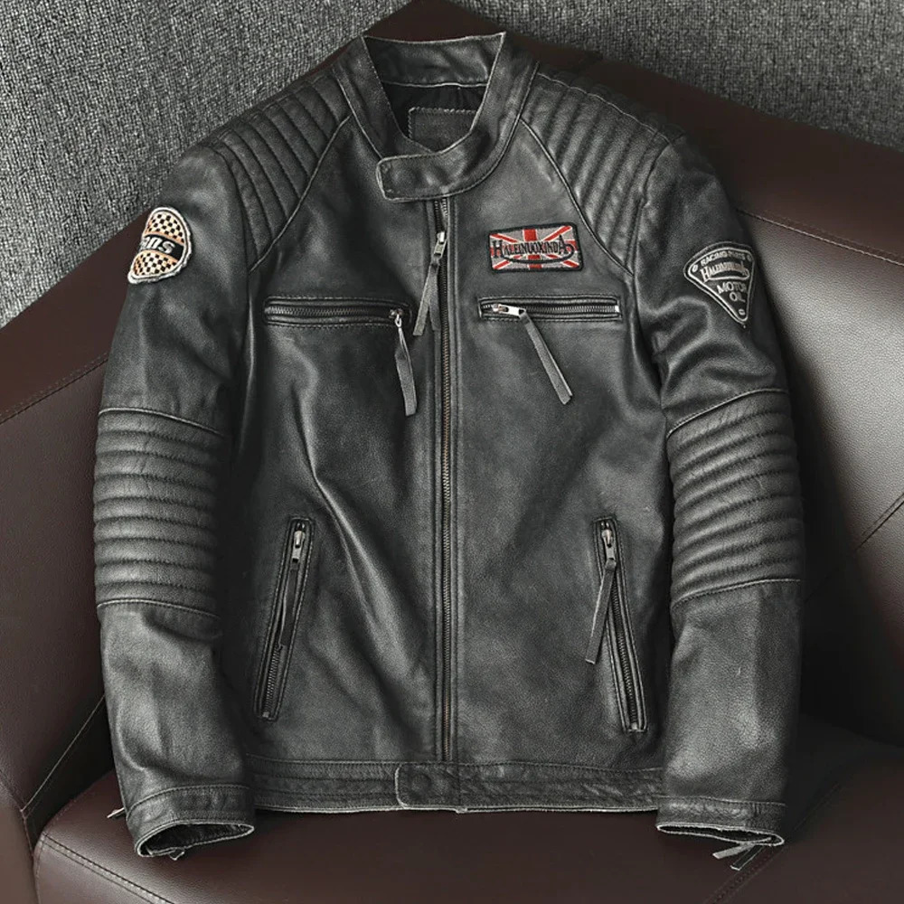 Free delivery motorcycle trendy retro mens highquality leather jacket slim fit 100 natural cowhide genuine 241211
