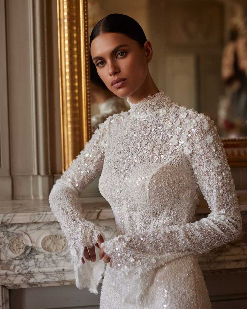 Sparkly Mermaid Wedding Dress Appliques Bridal Gowns Flowers High Neck Bride Dresses Lace Backless Long Sleeves Custom Made Plus Size Vestido de novia