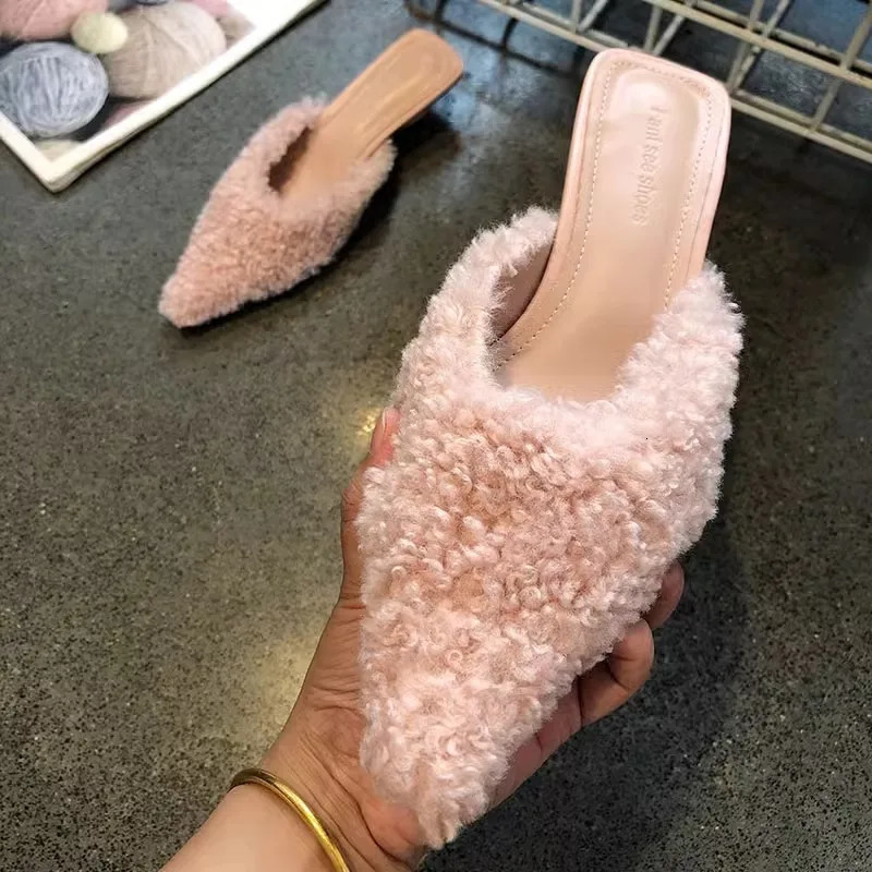 Women Fur Slippers Warm Mules Shoes Casual Mid Heels Boots Pointed Toe Plush Slingback Flip Flops Cotton Boots 241220
