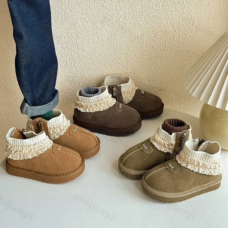 Winter Children Fur Suede Snow Boots Girls 2025 Fashion French Lace Edge Princess Boots Baby Warm Soft Flat Cotton Shoes 241219