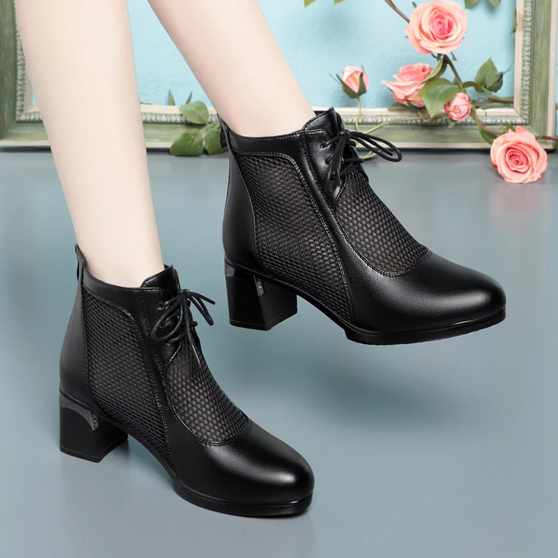 AIYUQI Women's Summer Boots Genuine Leather Women's Booties Mesh Large Size Women's Cool Boots