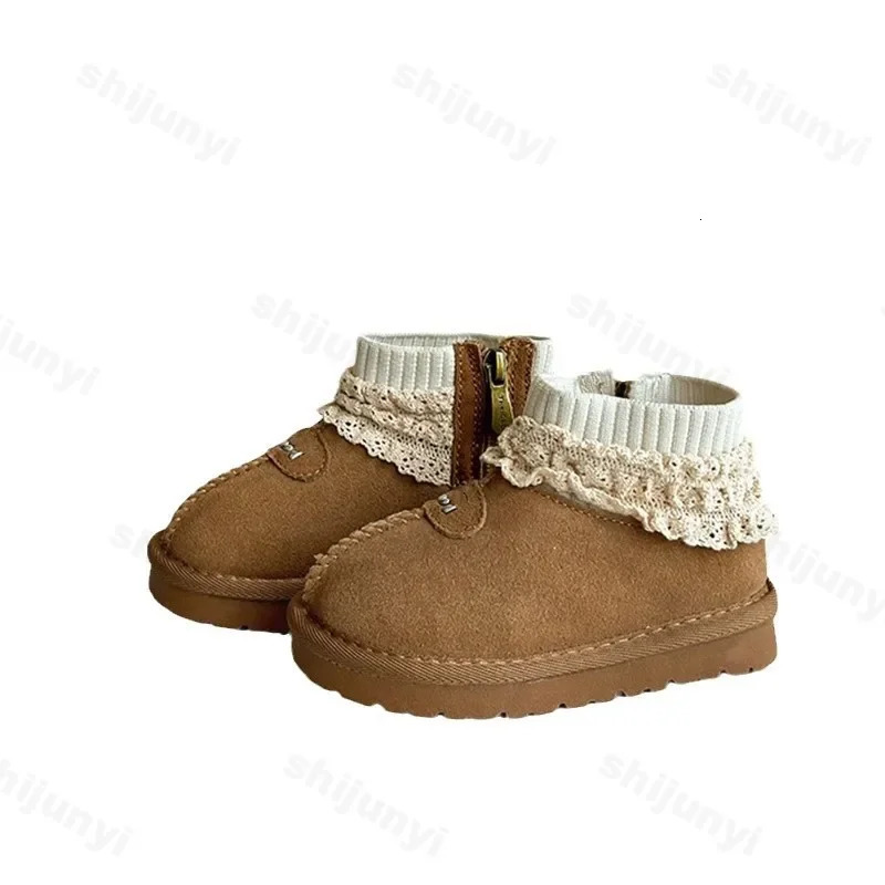 Winter Children Fur Suede Snow Boots Girls 2025 Fashion French Lace Edge Princess Boots Baby Warm Soft Flat Cotton Shoes 241219