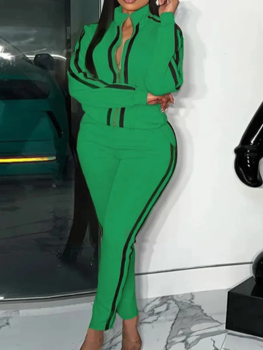 LW Plus Size Striped Regular Fit Tracksuit Set Green 2pcs Sportwears Zipper Up Mandarin Collar Top Casual Trousers 241219