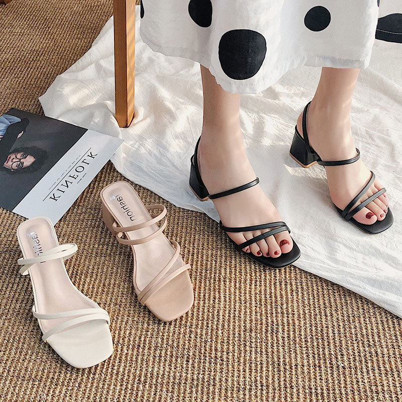 Ddmywed Black Thin Strap Fairy Style, New Middle Heel Sandals, Outerwear With Thick Heels, One Line Strap, Women's Shoes Chinese Brand Shoes F122
