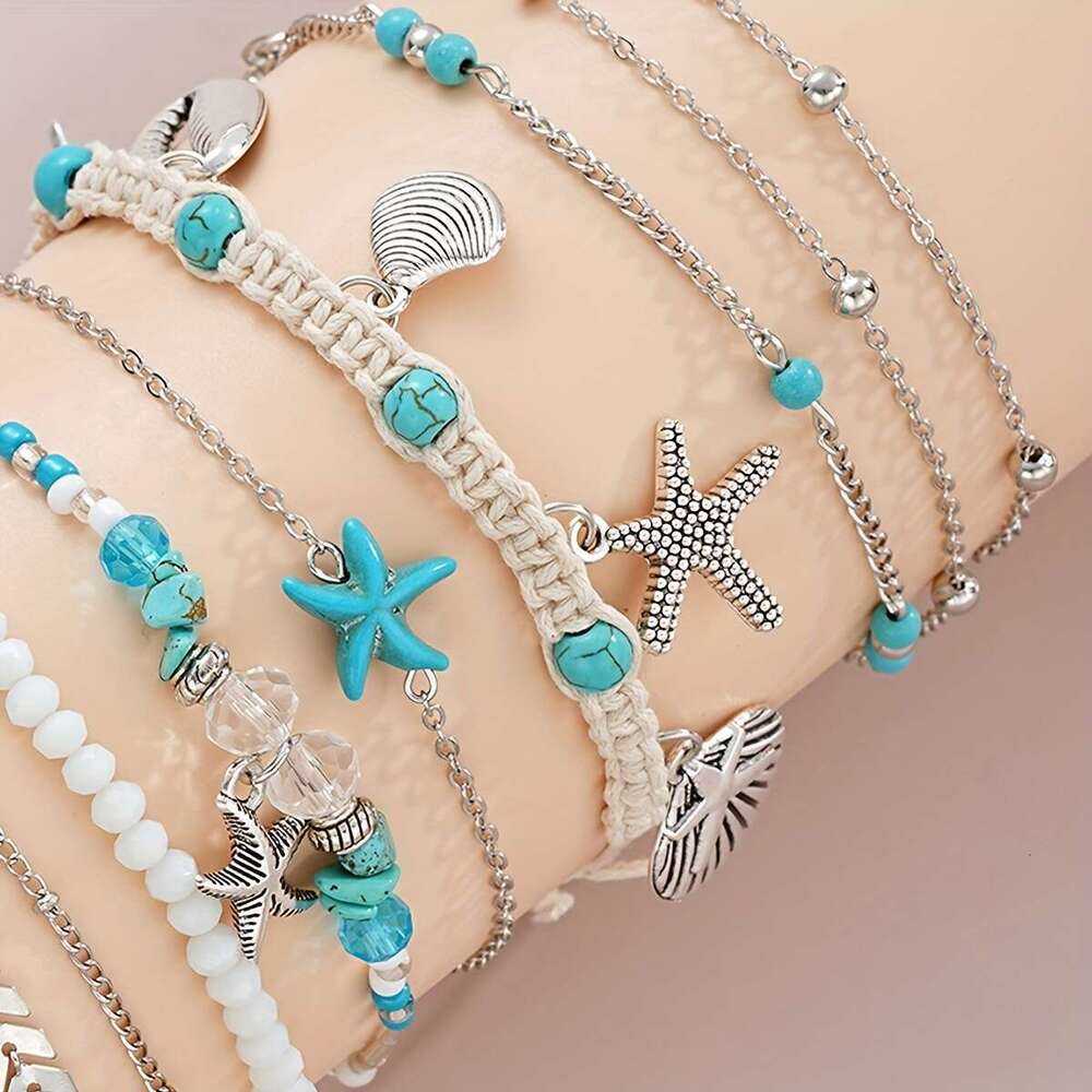 LALAVARA 12pcs Bohemian Starfish Shell Star Love 8-character Rice Bead Ankle Chain Set for Women's Daily Matching, Dating, Vacation, Party, Anniv