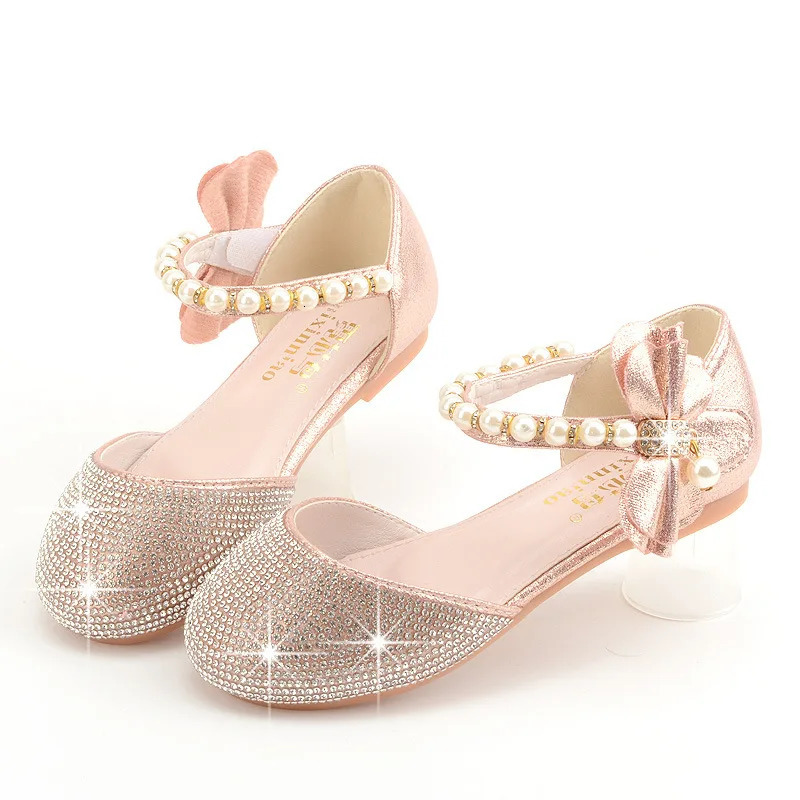 Girls Wedding Shoes Glitter Flat Heels Children Princess Sandals Dance Kids Fashion Party Shoes with Pearl 241219