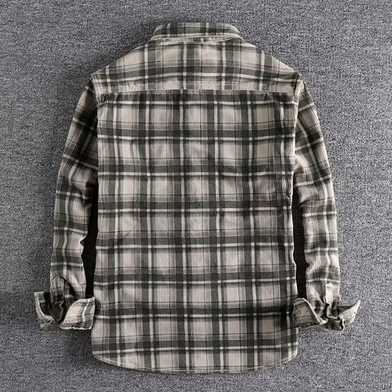 Cross-border American clicker retro spring and fall men's classic plaid long-sleeved shirt washed corduroy comfortable literary tide m045