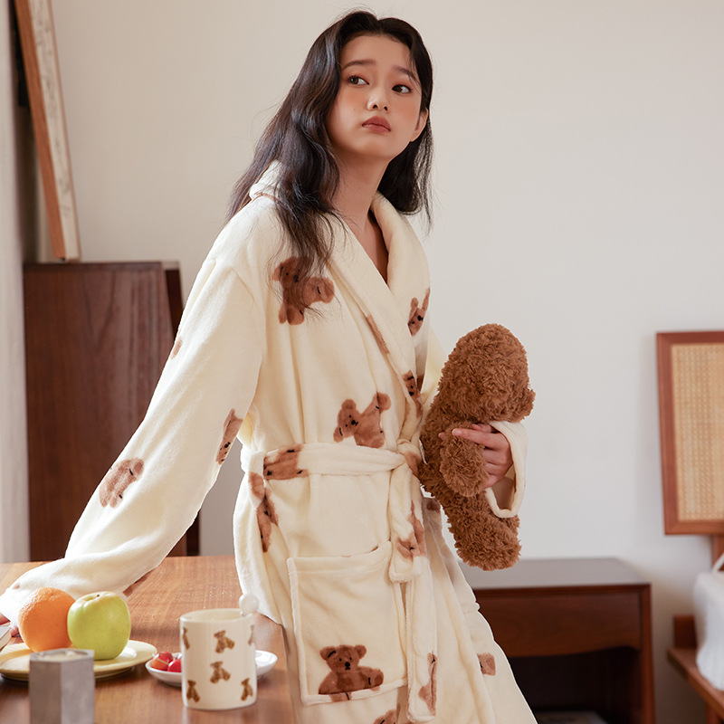 X146-European and American ladies' home clothes nightgown knitted ribbed bathrobe elastic pocket knee-length robe