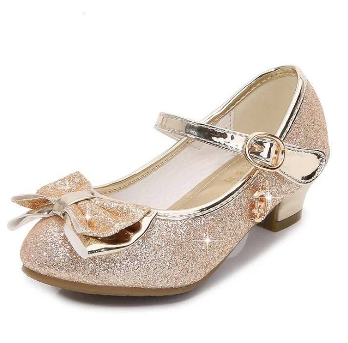 Girls Princess Shoes Butterfly Knot High-Heel Shiny Crystal Shoes Kids Leather Shoes Childrens Single Shoes Birthday Present 241219
