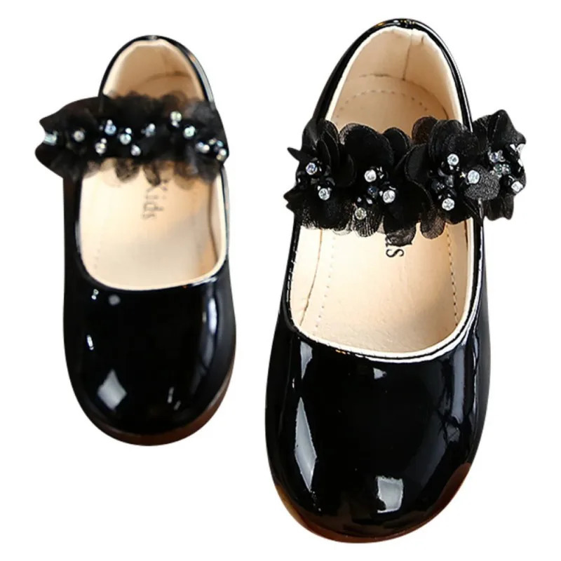 Girls Glossy Shallow Mouth Flat Leather Shoes 2-10 Years Girls Lace Flower Princess Shoes Baby Small Leather Shoes 241220