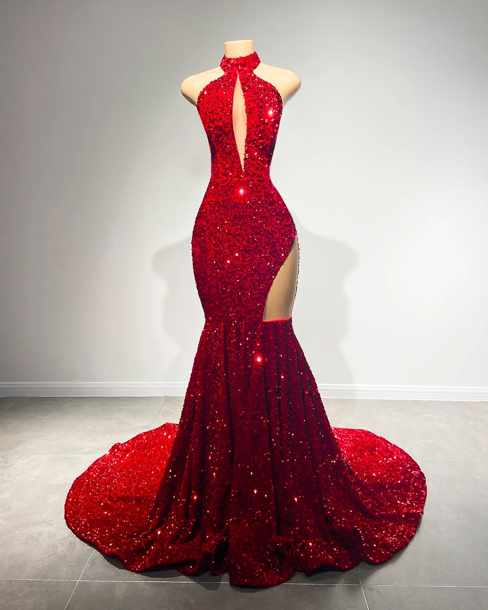 Red Sexy Mermaid Prom Dresses High Neck Sparkly Sequin Birthday Party Club Gowns Evening Formal Dress Black Girls Gala Robe De Soriee