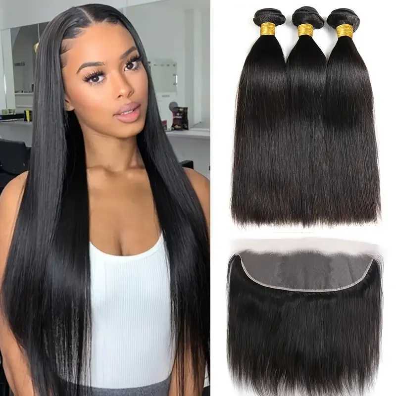 Brazilian bone straight hair bundle front closed 100% human hair 3 bundles with 13X4 transparent ear to ear lace front W241221
