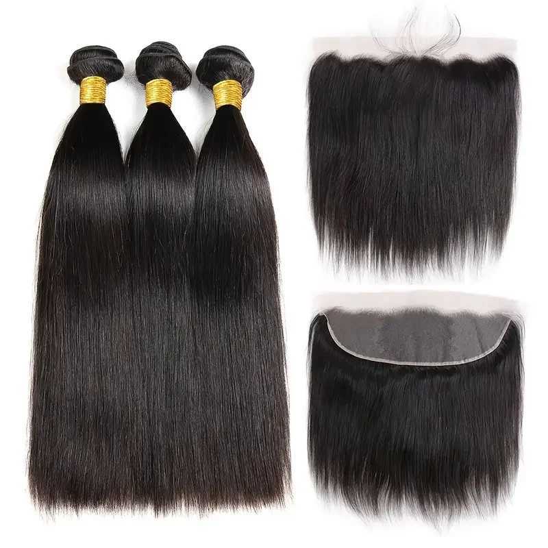 Brazilian bone straight hair bundle front closed 100% human hair 3 bundles with 13X4 transparent ear to ear lace front W241221