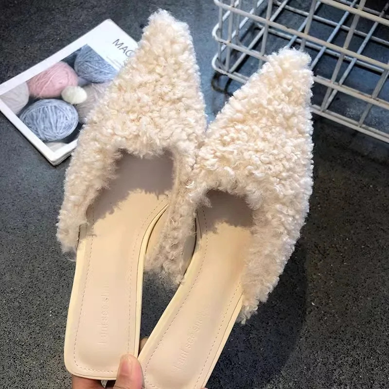 Women Fur Slippers Warm Mules Shoes Casual Mid Heels Boots Pointed Toe Plush Slingback Flip Flops Cotton Boots 241220