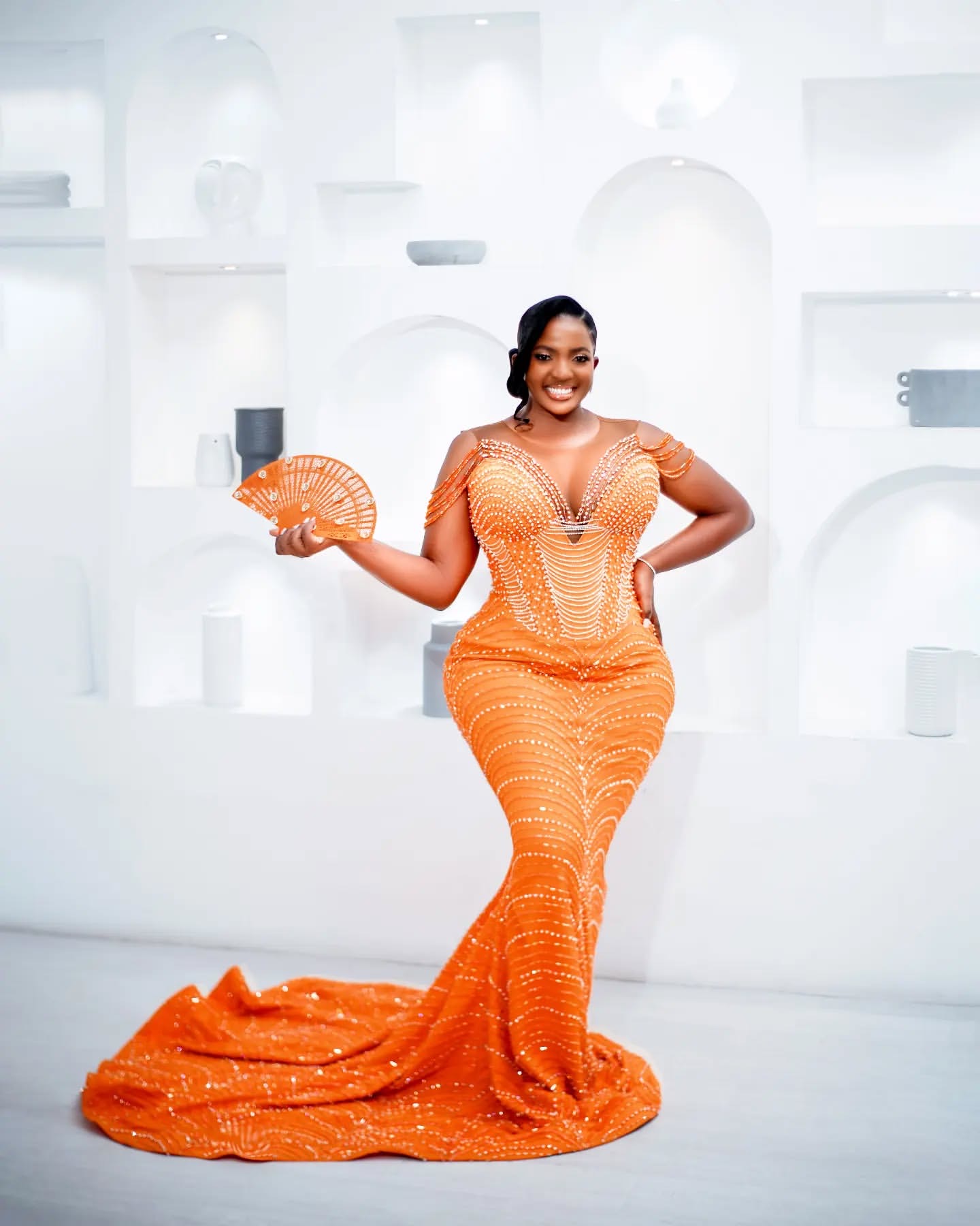 Mermaid Orange Prom Dresses Beadings Sequined Sheer Neck Evening Formal Party Second Birthday Engagement Gowns Plus Size Dress For Special Ocns