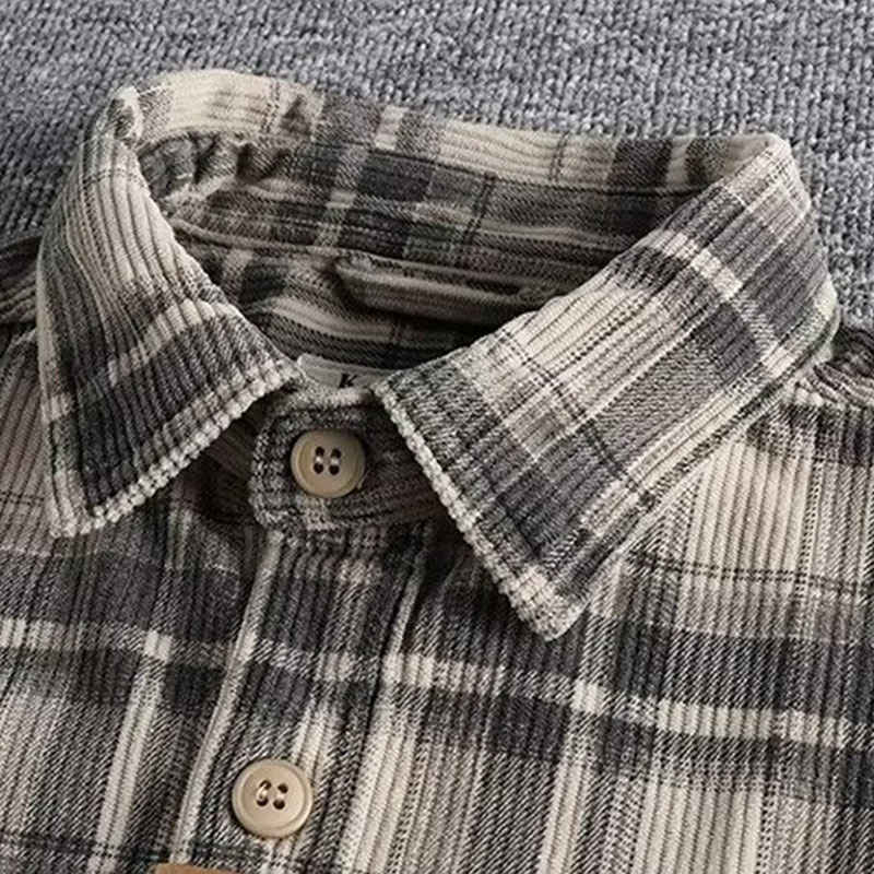 Cross-border American clicker retro spring and fall men's classic plaid long-sleeved shirt washed corduroy comfortable literary tide m045
