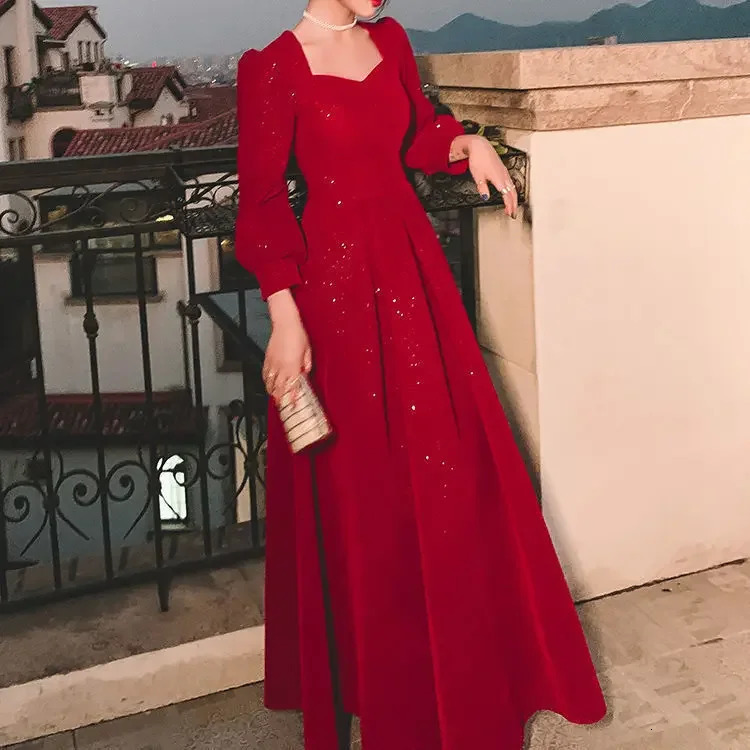 Elegant Red Sequins Midi Dress Women Vintage V-neck Formal Occasions Evening Party Dresses Fashion Chic n in Dresses 241216
