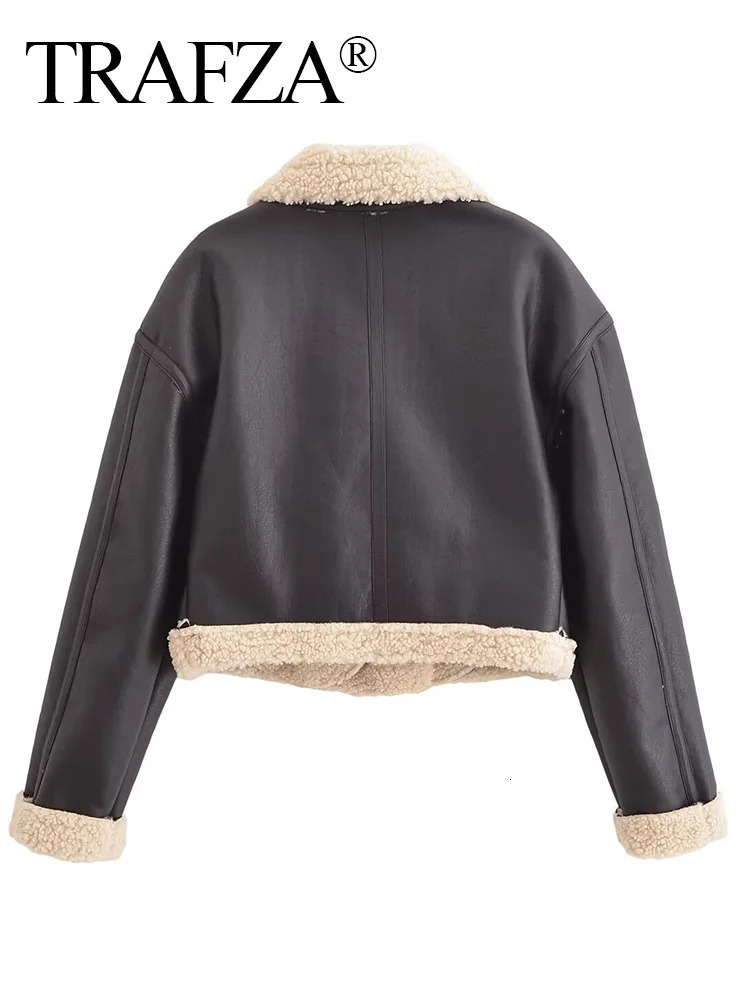 TRAFZA Vintage Womens PU Leather Jackets Zipper Fur Turn-Down Collar Loose Coats Female Warm High Street Winter Outwear 241220