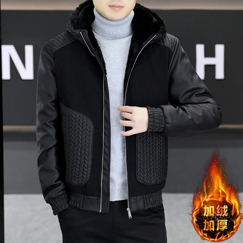 Winter Hooded Knitted Leather Jacket Men Thick Velvet Trendy Casual Leather Jacket Streetwear Social Coats Men Clothing 241216