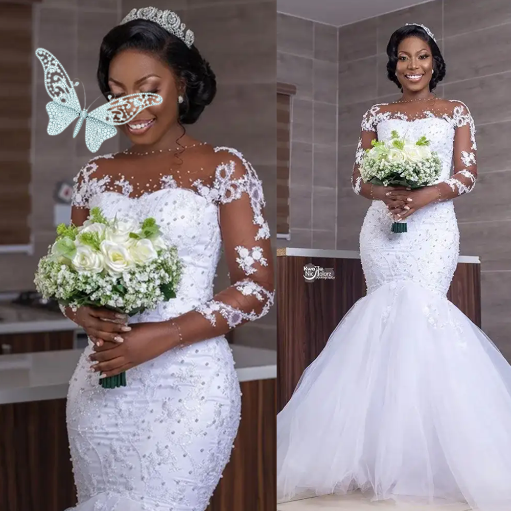 New Arrival Luxury Long Sleeve Lace Mermaid Wedding Dress Pearls Scoop Neck Bridal Gowns Vestidos De Noiva Plus Size