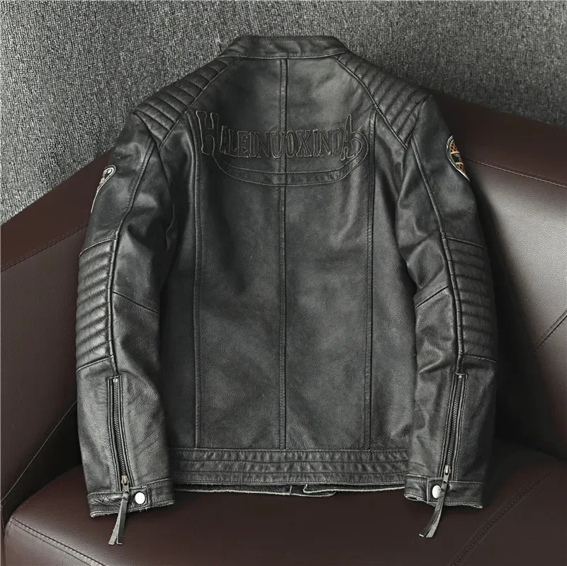 Free delivery motorcycle trendy retro mens highquality leather jacket slim fit 100 natural cowhide genuine 241211