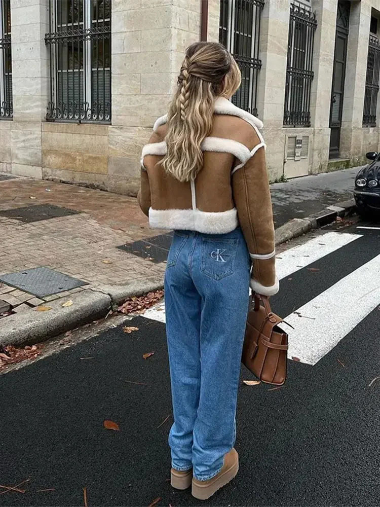 Women Autumn Winter Plush Spliced Leather Jacket Elegant Lapel Long Sleeves Cropped Coats Fashion Lady Commuting Street Outwear 241220