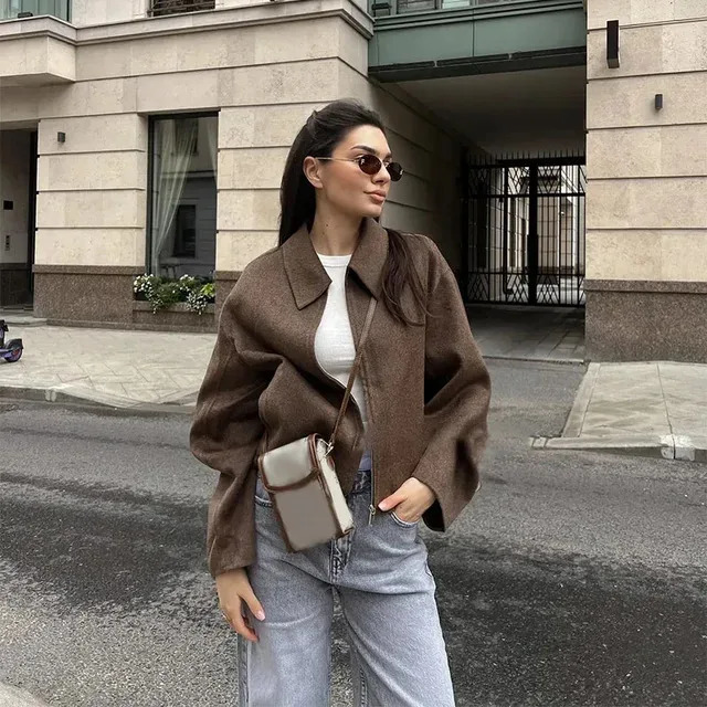 Vintage Brown Short Woolen Jacket For Women Elegant Lapel Long Sleeves Zipper Cropped Coats Autumn Chic Lady High Street Outwear 241220