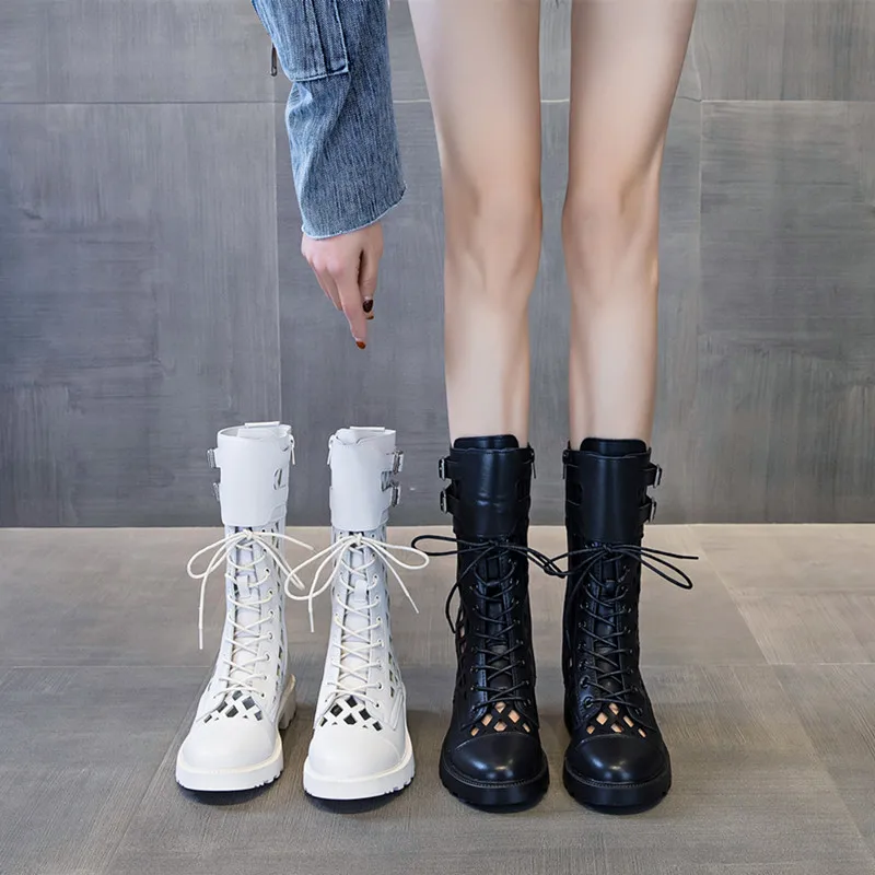 AIYUQI Women's Summer Shoes Boots Hollow Fashion Large Size Marton Boots Ladies Mesh Mid-heel Cool Boots for Women