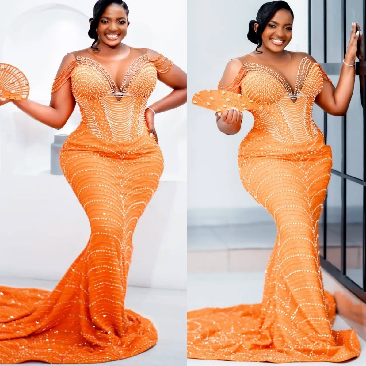 Mermaid Orange Prom Dresses Beadings Sequined Sheer Neck Evening Formal Party Second Birthday Engagement Gowns Plus Size Dress For Special Ocns