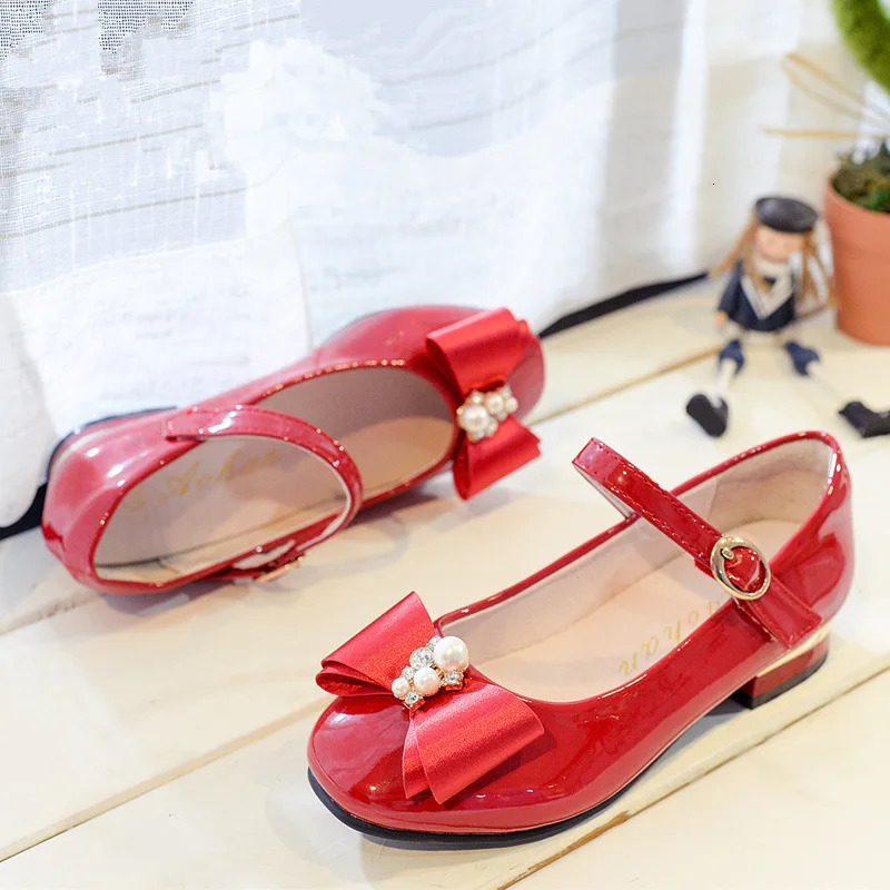 Girls Shoes High Quality Japanned Leather Flats Girls Butterfly-knot Crystal Princess Leather Shoes 241219