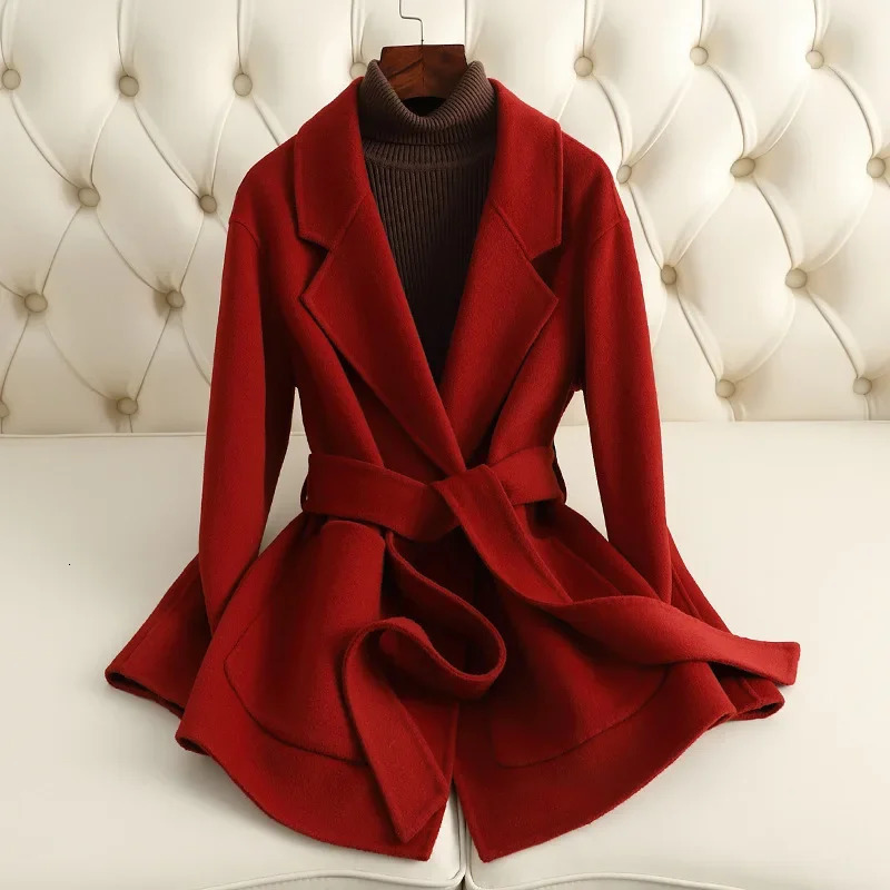 Autumn Korean Double Sided Black Short 100% Wool Coat Womens Loose Lacing Belt Red Woolen Overcoat