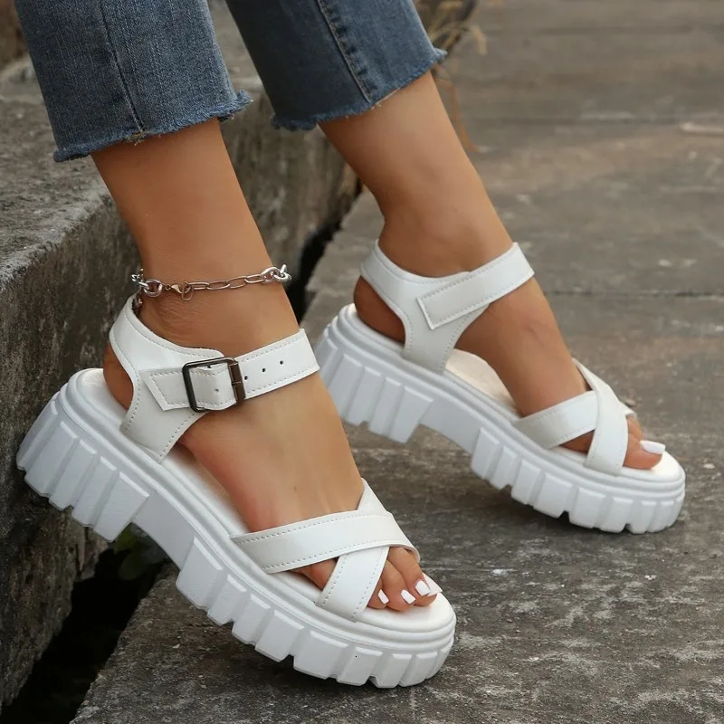 Womens Sandal High Quality Summer Outdoors Thick Heel Buckle Solid Color Non-slip Casual Comfortable Sandals for Woman 241220