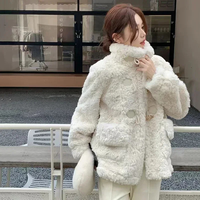 White Faux Lamb Wool Warm Coats Women Fall Korean Stand Collar Horn Button Jackets Y2K Winter Thick Long Sleeve Plush Outerwear 241216 - view 7