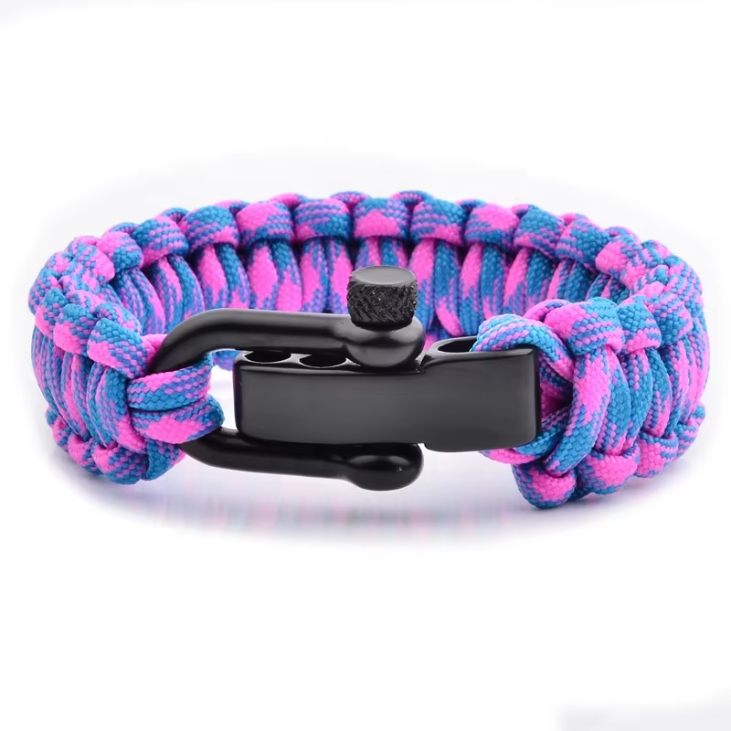 adjustable cobra weave polyester paracord survival bracelet with stainless steel shackle